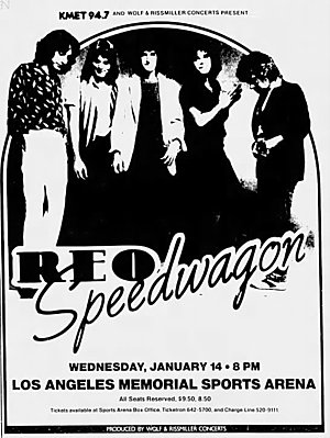 Concert poster from REO Speedwagon - Los Angeles Sports Arena, Los Angeles, CA, USA - Jan 14, 1981