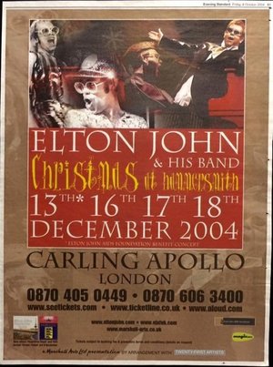 Concert poster from Elton John - Carling Apollo Hammersmith, London, England - Dec 13, 2004