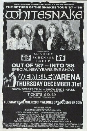 Concert poster from Whitesnake - Wembley Arena, London, England - Dec 31, 1987